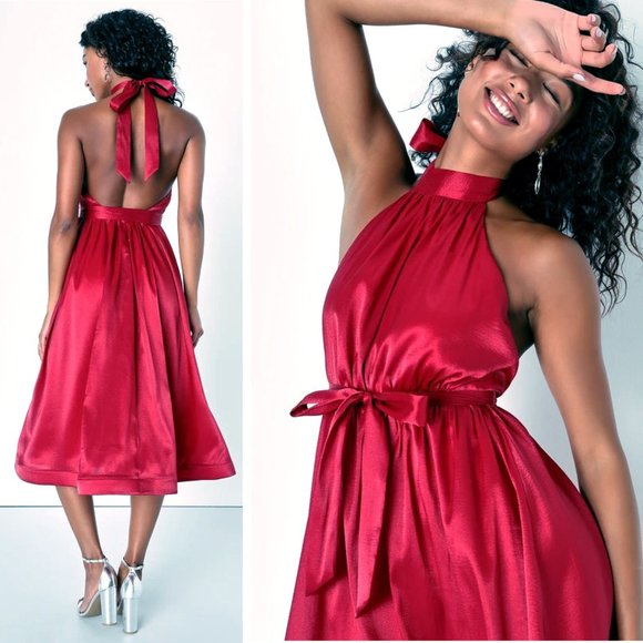 Lulus Dresses & Skirts - Lulus Effortless Grace Backless Halter Neck Midi Dress w/Structured Skirt & Sash